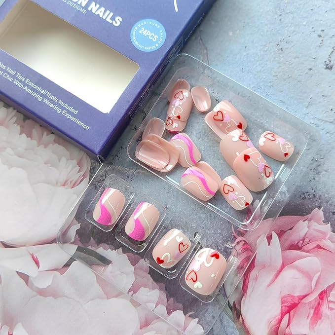 24Pcs Valentines Press on Nails Short Oval Fake Nails Colourful Love Heart Glue on Nails Stripe Design Valentines Acrylic Nails Nude Pink Stick on Nails Cute Artificial False Nails for Women Manicure