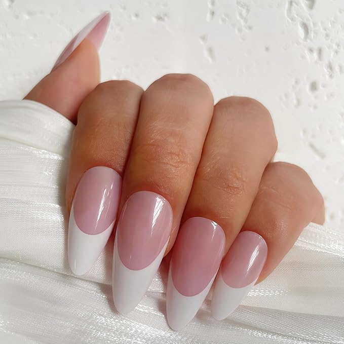 Medium Almond French Pink Press on Nails – 24PCS Glossy False Nail Tips in 12 Sizes | Soft Fit Back Edge & Hard Front | Glue on Acrylic Nails for Women | Reusable & Natural Look