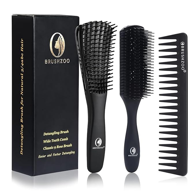 BRUSHZOO Hair Brush Set, Detangler Brush for Women Men Kid Detangling Styling Massaging, Curly Hair Brush for 3/4abc Wet Dry Hair (Black)