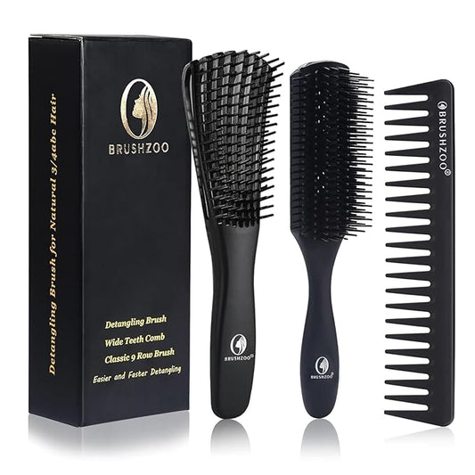 BRUSHZOO Hair Brush Set, Detangler Brush for Women Men Kid Detangling Styling Massaging, Curly Hair Brush for 3/4abc Wet Dry Hair (Black)