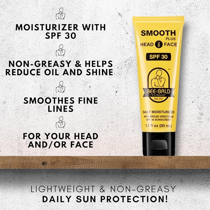 Bee Bald SMOOTH PLUS Head & Face Moisturizer with SPF 30 Sunscreen Lotion Protecting Skin From Harmful UVA/UVB Rays While Hydrating, Moisturizing and Toning, 1.7 Fl Oz