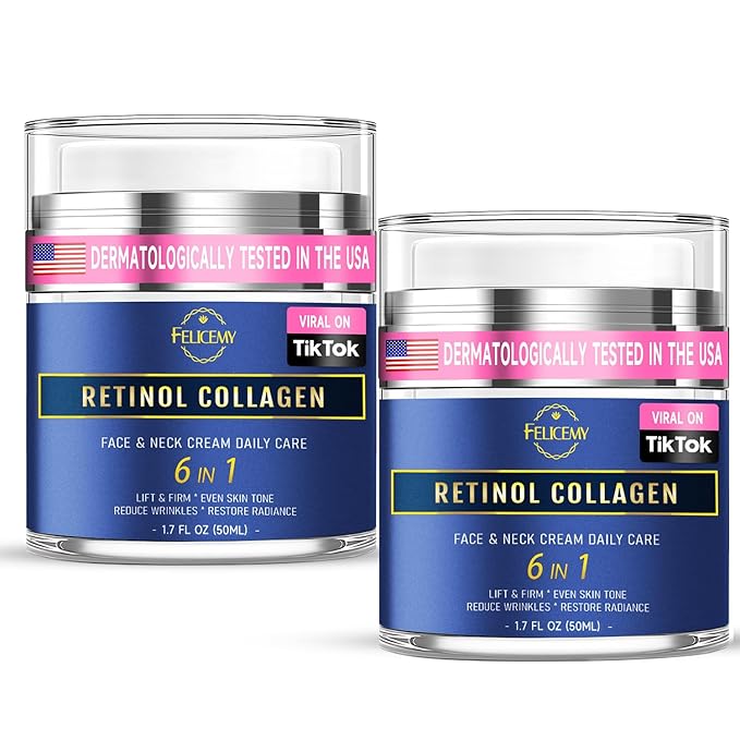 Retinol Cream for Face, Face Moisturizer with Collagen & Hyaluronic Acid, Anti Aging Neck Cream for Tightening Skin, Facial Creams Day & Night for Women and Men 2-Pack