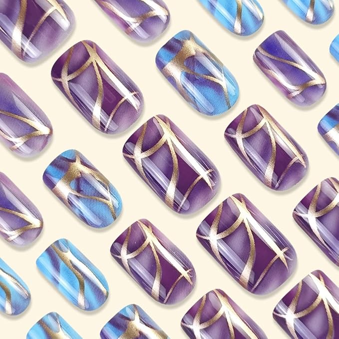 Square Press on Nails Short Purple Fake Nails Marble Acrylic Nails with Design Gradation Gold Line Glue on Nails Glossy Stick on Nails False Nails Kit for Women Girls Manicure Art 24 Pcs