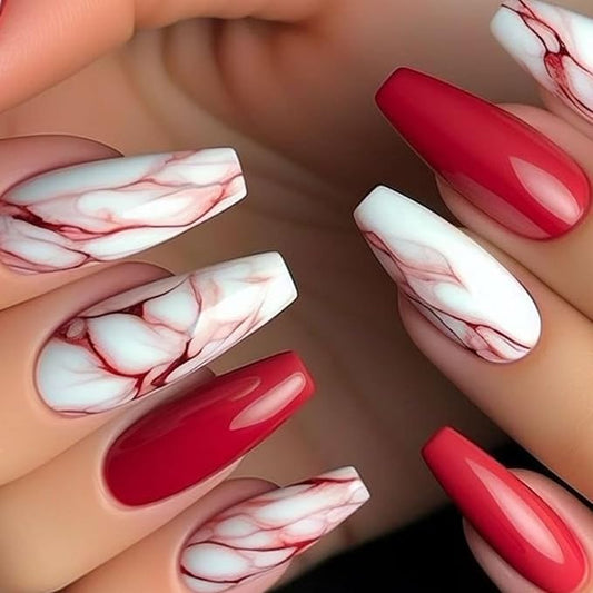Coffin Press on Nails Medium Glossy Fake Nails with Lines Gradient Design Glue on Nails Red Full Cover False Nails Cute Acrylic Nails Artificial Coffin Nails Press ons for Girls 24Pcs