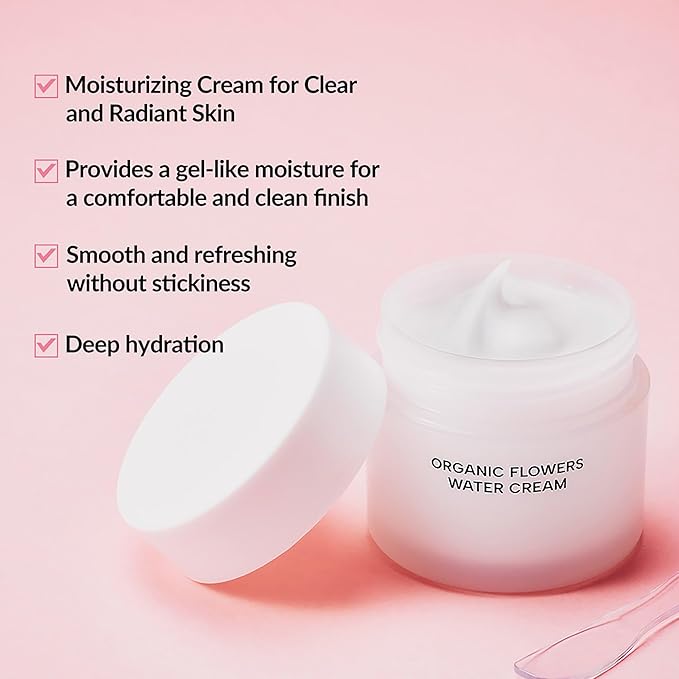 Whamisa Organic Flowers Water Cream, 95.2% Organic, Waterless Formula, Fermented Postbiotic for Deep Hydration & Soothing, Moisturizing (50ml)
