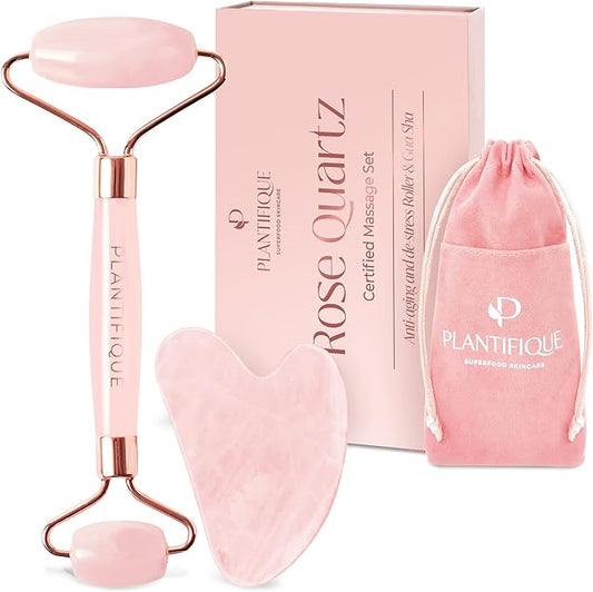 PLANTIFIQUE Face Roller and Gua Sha Rose Quartz Certified | Gifts | Guasha Tool for Face | Jawline Shaper | Your Skin Care Routine