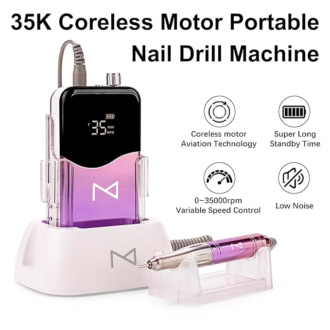 M Mase- Professional Nail Drill Machine - Coreless 2-in-1 Nail File - Electric, Cordless, 35000 RPM, HD Display - Electric Nail Drill for Professional & Home Use (Pink Gold)
