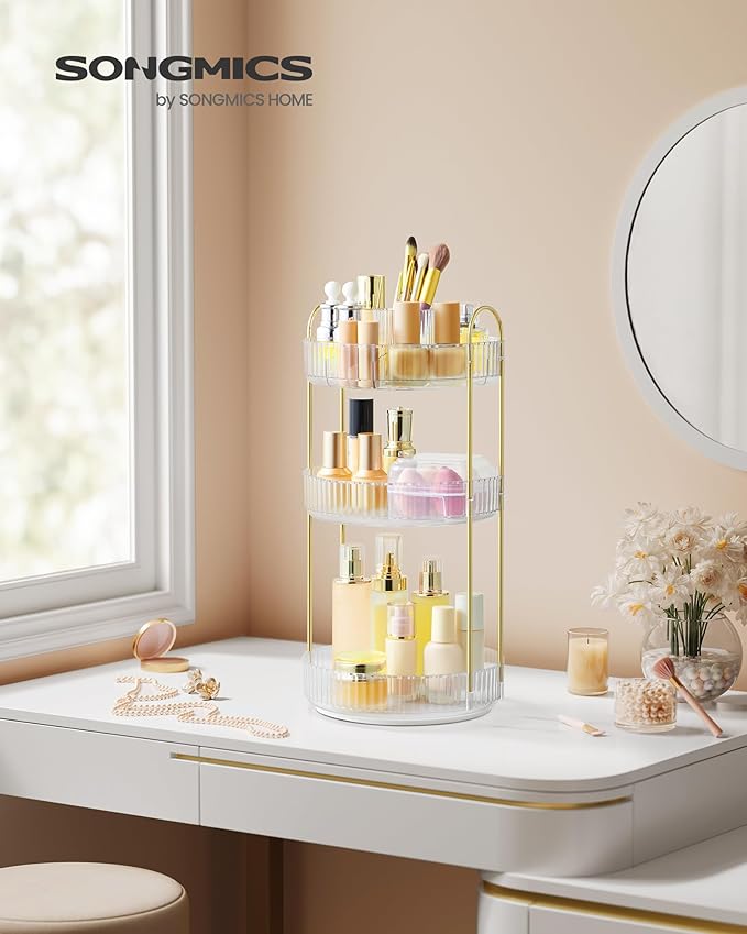 SONGMICS Makeup Organizer, 3-Tier Round Rotating Skincare Organizer Countertop, Customizable, Toiletries Vanity Organizer, Lazy Susan, Gift, Transparent UJKA011W02