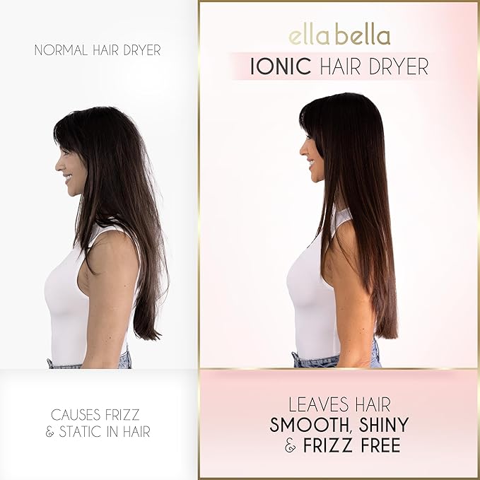 ELLA BELLA® Professional Ionic Hair Dryer with Diffuser • Dual Voltage Negative Ion Blow Dryer • Suitable All Hair Types • Intelligent Heat Control & Rapid Drying Speeds • Lightweight Design Low Noise