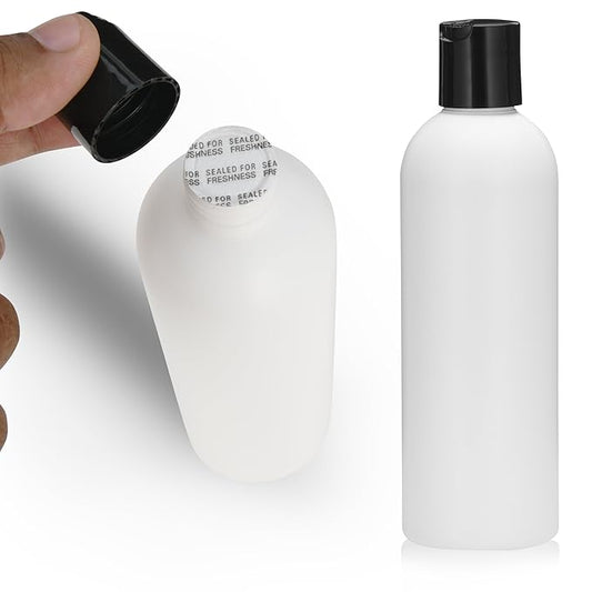 25 PCS Empty White HDPE Bottle 8oz - Cosmo Round Plastic Bottles - 24/410 Neck Black Disc Cap - 24 mm Foil Pressure Seal for Freshness and Leak Prevention - Phthalate Free Use for Safe Cosmetics
