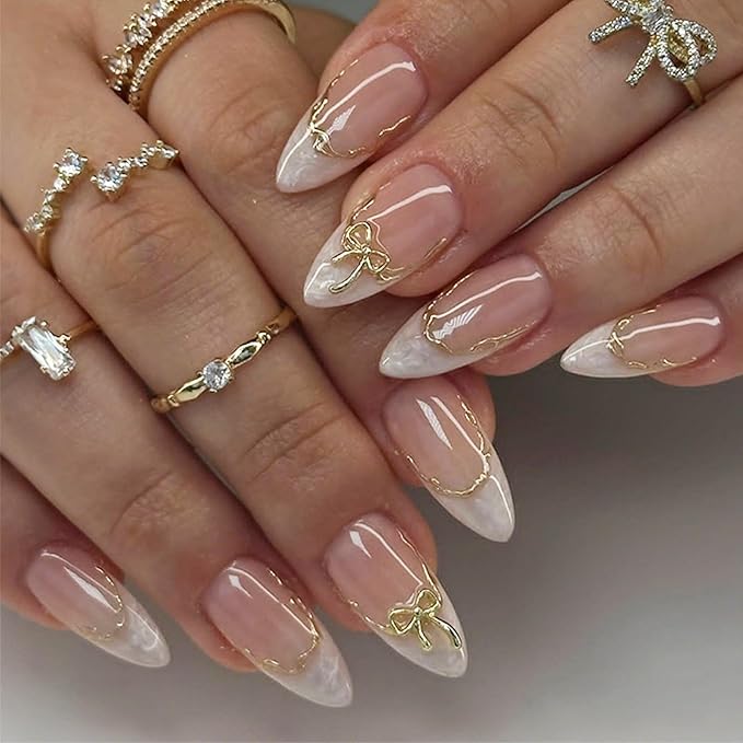 White French Tips Press on Nails 24Pcs Gold Bow Press ons Fingernails Curve Line Gel Glue on Acrylic Fake Nails Glossy Nude Medium Almond False Nail Gradient Stick on Nail for Holiday Manicure Art