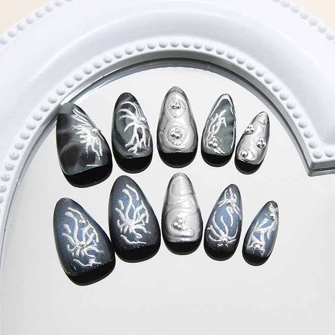 30pcs Goth Press on Nails Medium Almond Fake Nails with Silver Stripes Pearl Designs Dark Stick on Nails Reusable Handmade Nails Black False Nails Silver Full Cover for Women