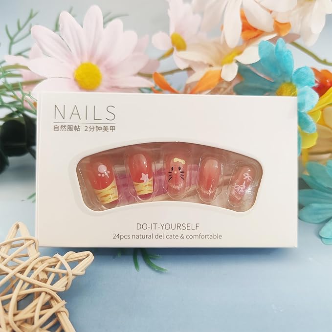 24Pcs Cat Face Press on Nails French Tips Acrylic Full Cover Fake Nails Cat Eye Gel Glue on Fingernails Glossy Yellow Bow Medium Coffin False Nail Stars Stick on Nail for Holiday Manicure Art