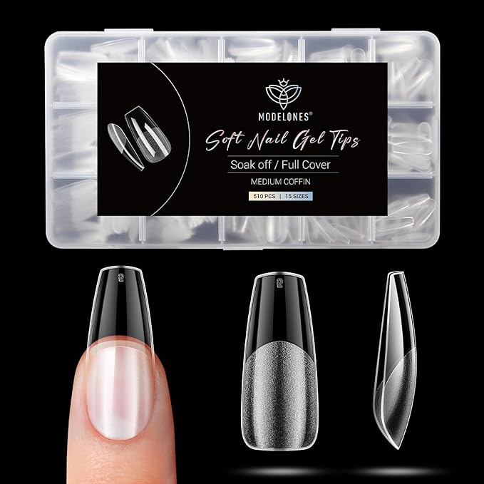 Modelones Medium Coffin Fake Nail Tips - 510Pcs Gel Tips Pre-shaped Half Matte Full Cover Clear Acrylic Gel Kit False Press on Nails for Extension DIY Salon 15Sizes