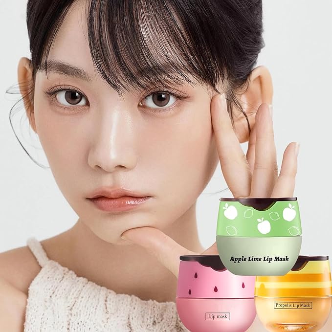 3 PCS Bee Lip Balm Lip Mask Honey Pot, Honey & Strawberry & Apple Lime Lip Mask Propolis Moisturizing Lip Balm with Stick, Sleeping Lip Mask Hydrating Prevention Dry & Cracked Lip Scrubs