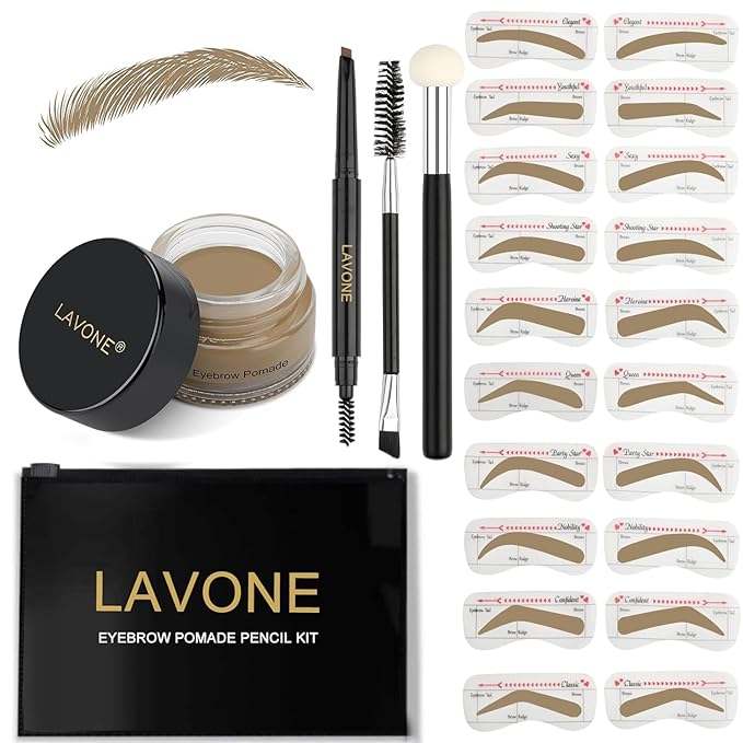 LAVONE Eyebrow Stamp Stencil Kit, Brow Stamp Trio Kit with Waterproof Eyebrow Pencil, Eyebrow Pomade, 20 Eyebrow Stencils, Dual-ended Eyebrow Brush and Sponge Applicator - Dark Blonde