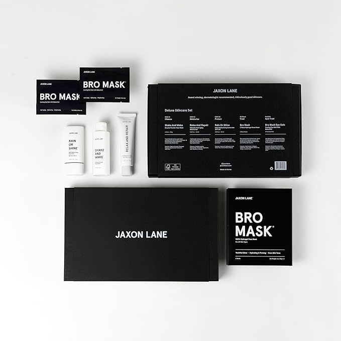 Mens Skin Care Kit 5 Piece Deluxe Facial Skincare Routine Gift Set, Anti Aging Korean Skin Care for Men: Enzyme Powder Face Wash, Moisturizer, SPF 50 Sunscreen, Bro Mask Sheet Masks, Under Eye Patches