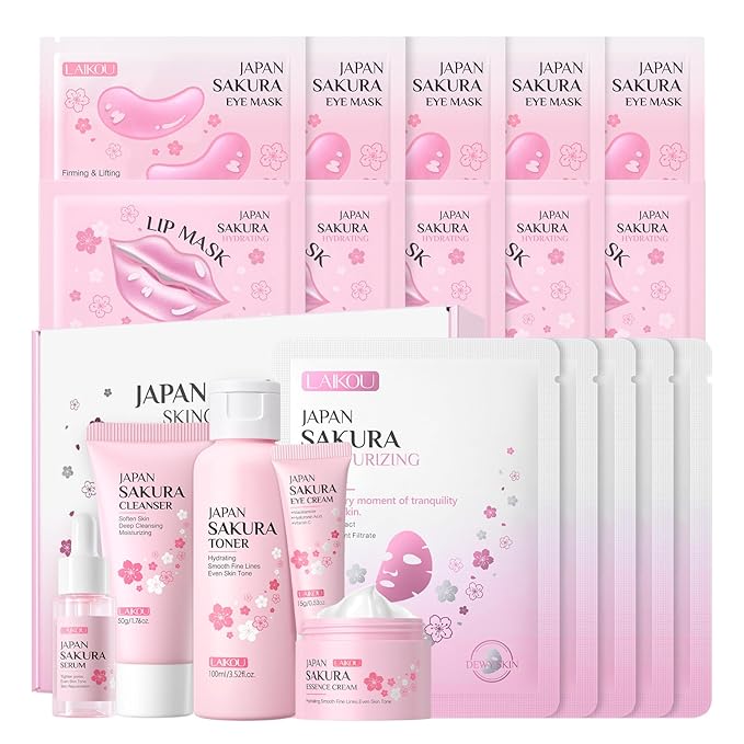 LAIKOU SAKURA Skin Care, Skin Care Set, Face Mask, Eye Mask, Lip Mask with Serum, Cleanser, Toner, Eye Cream, Essence Cream for Women Teen Girls Mom Daughter Mother's Day Christmas Birthday