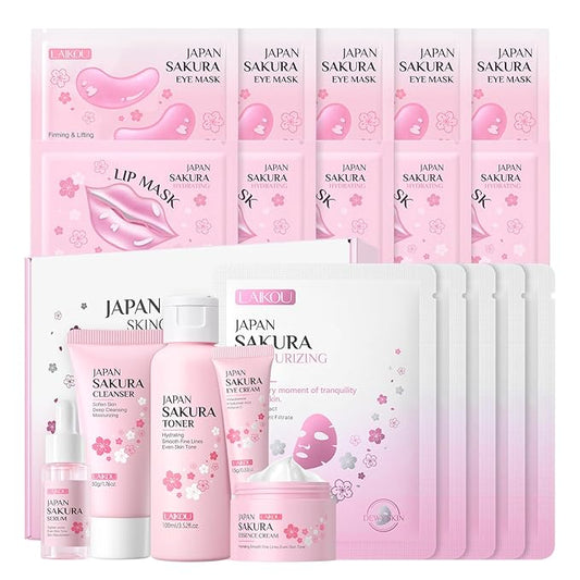 LAIKOU SAKURA Skin Care, Skin Care Set, Face Mask, Eye Mask, Lip Mask with Serum, Cleanser, Toner, Eye Cream, Essence Cream for Women Teen Girls Mom Daughter Mother's Day Christmas Birthday