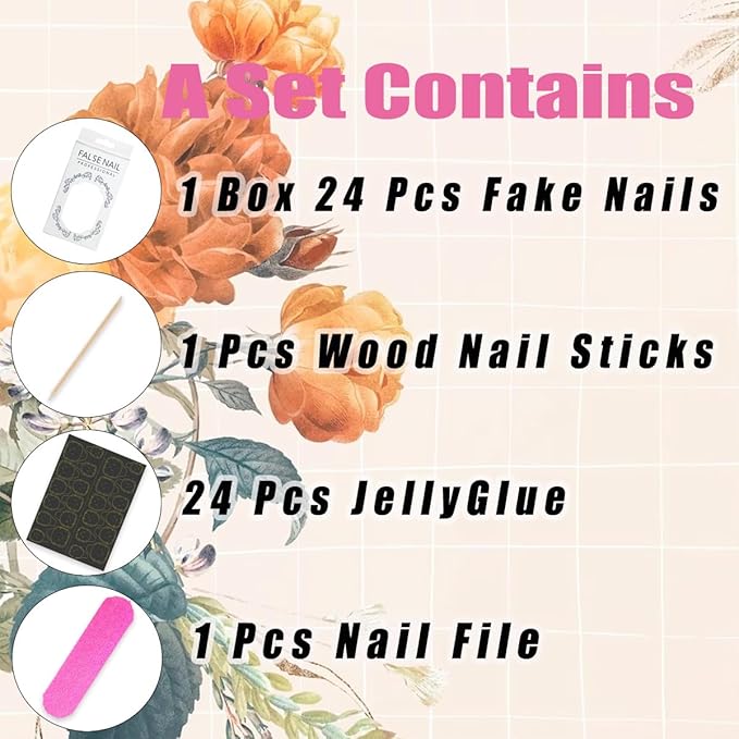 24Pcs Pink Flower Press on Nails Medium Almond Fake Nails 3D Pearl Rhinestones Peach Blossom with Gold Foils Glitter Full Cover Artificial Nail Stick on Nails Spring False Nails for Women Acrylic Nail