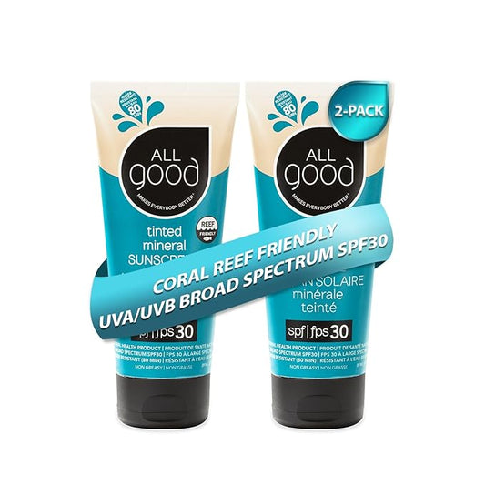 All Good Sunscreen - Tinted Mineral Sunscreen for Face & Body - SPF 30, Water Resistant, Coral Reef Friendly, Coconut Oil, Jojoba Oil, Shea Butter, Aloe 3 oz (2-Pack)