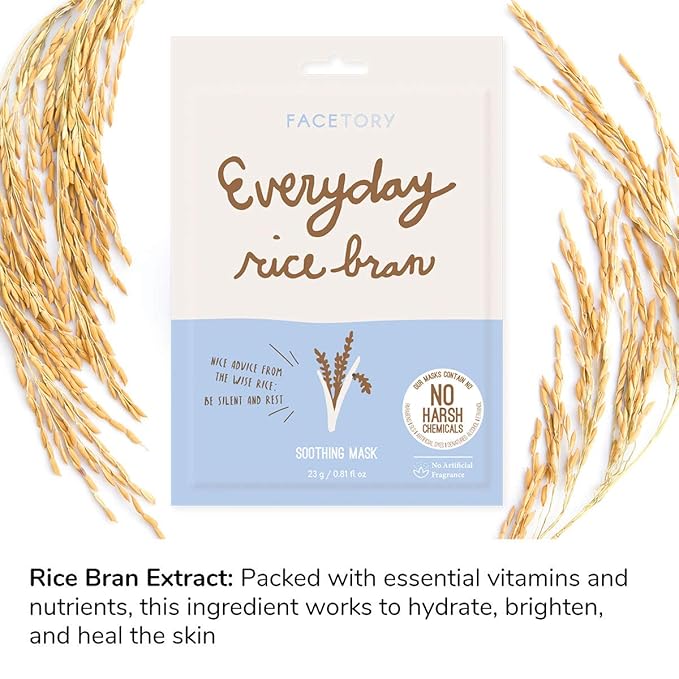 FACETORY K Beauty Face Mask Skin Care - Everyday RICE BRAN Soothing Sheet Mask | Plant-Based Rice Face Mask (5 Pack)