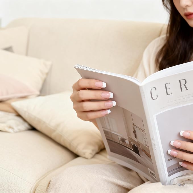 French Press on Nails Natural Nude White Medium Length Coffin False Nails Ballerina Nails Art Tips Salon Manicure Fake Fingernails for Daily Office