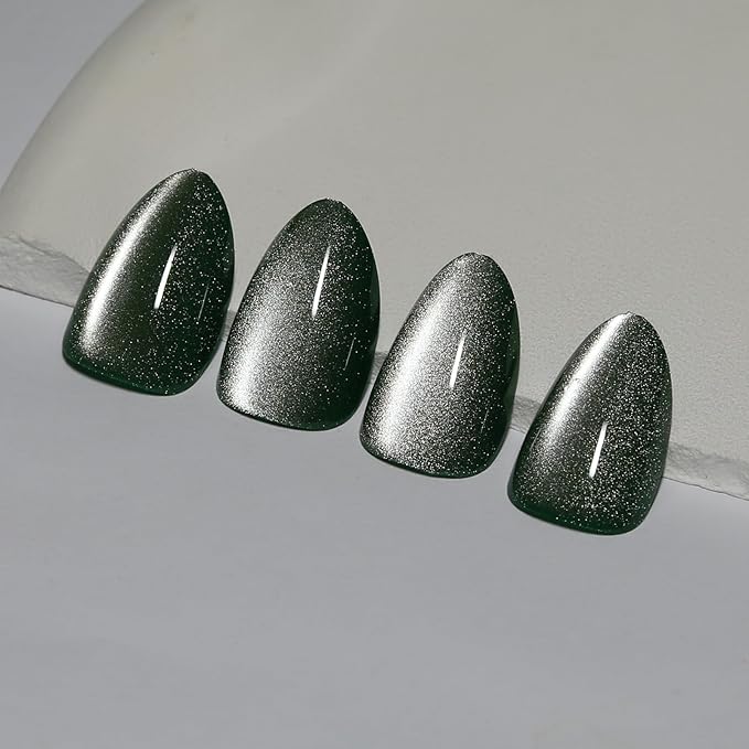 Almond Press On Nails Short, Green Cat Eye Press on Nails with Glue for Women Ashionable Gel False Nails Reusable Acrylic False Nails Women's Glitter Nails Glue On Nails Kit, Avocado Green
