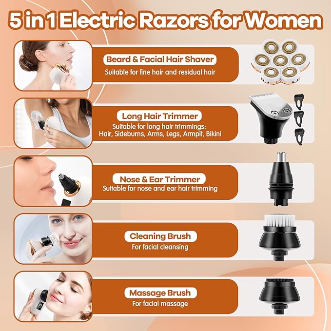 Electric Razor for Women, 7D Facial Hair Removal, 5-in-1 Wet/Dry Bikini Trimmer, Electric Shaver for Women, Rechargeable Face Shaver for Arms Legs Armpit Pubic Area, Painless Womens Grooming Kit