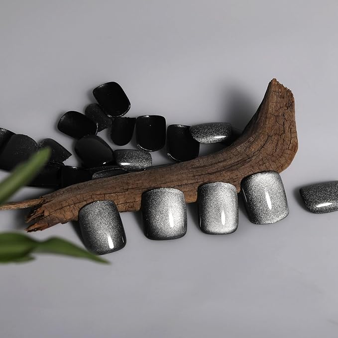 Short Square Press On Nails White to Grey Gradient Cat Eye Press on Nails with Glue for Women Ashionable Gel False Nails Reusable Acrylic False Nails Glue On Nails Kit, water gloss white