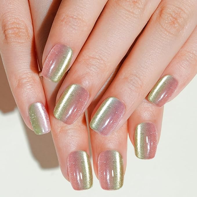 Press on Nails Short, Jofay Fashion Fake Nails, Two-color Ombre Cat Eye Press on Nails, Summer Acrylic False Nails, Reusable Stick on Nails for Women Girls, Glue on Nails Kit 32 Pcs, Honey Peach