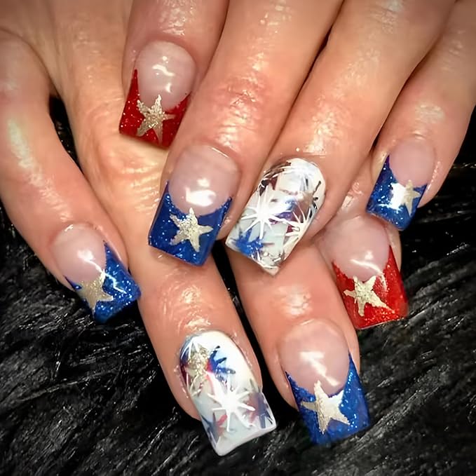 Fourth of July Press on Nails Independence Day Fake Nails French Tip False Nails Red Blue Fireworks with Star Design Glitter Stick on Nail Full Cover Acrylic Glue on Nail for Women Decor Manicure