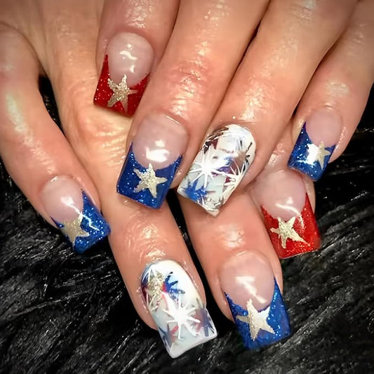 Fourth of July Press on Nails Independence Day Fake Nails French Tip False Nails Red Blue Fireworks with Star Design Glitter Stick on Nail Full Cover Acrylic Glue on Nail for Women Decor Manicure