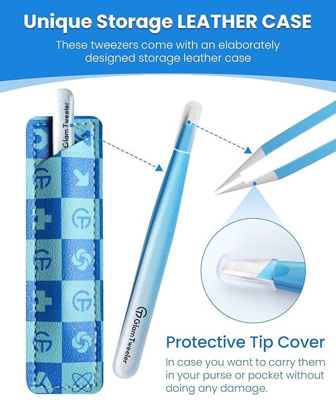 Expert Slant Tip Tweezers with Leather Case, GlamTweeler Sharp & Precision Stainless Steel Tweezer for Eyebrows, Facial Hair and Fine Hairs Removal (Sparkle Blue & Silver)