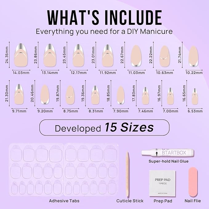 BTArtbox Press On Nails Almond - French Tip Press on nails, Medium Glue On Nails with Nail Glue, Silver Stick On Nails in 15 Sizes - 30 Fake Nails Kit, Zoomers