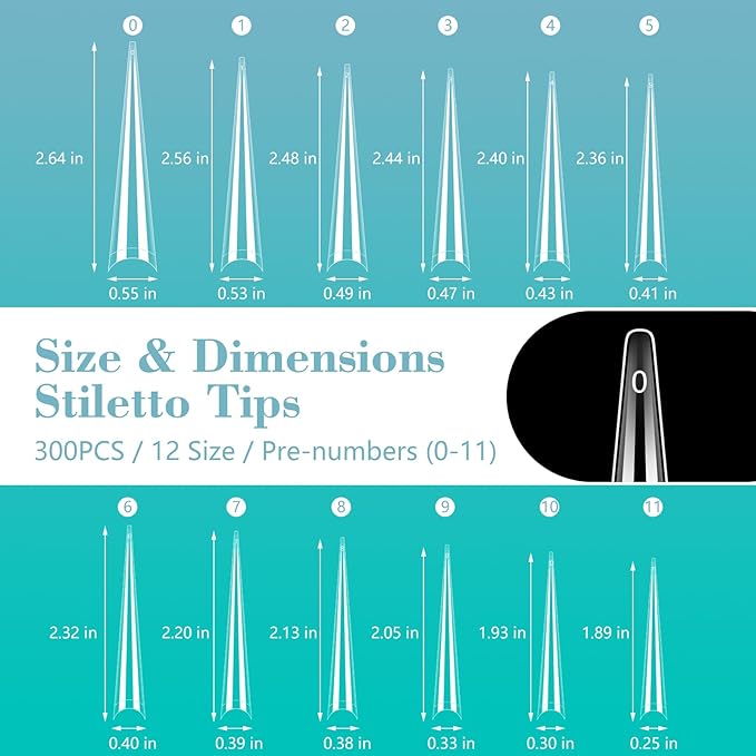Quaferen 4XL Extra Long Stiletto Nail Tips, 300PCS Clear Nail tips for Acrylic nails Professional, Half Cover Nail Tips Use for Nail Extension Tips, French Nail Tips Tapered Stiletto Nails 12 Sizes