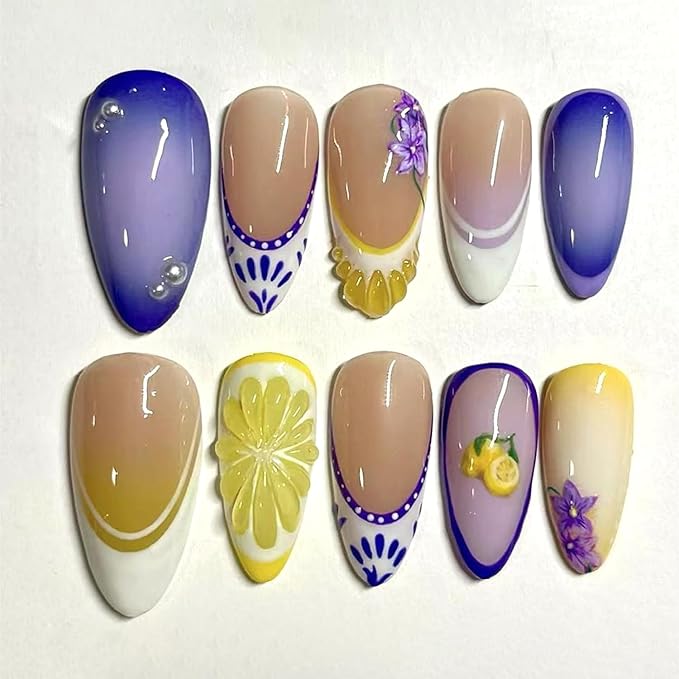 30Pcs Summer Press on Nails Almond Medium Fake Nails with Lemon Flower French Design False Nail Tip 3D Pearl Charms Stick on Nails Full Cover Artificial Glue on Nails for Women DIY Manicure Daily Wear