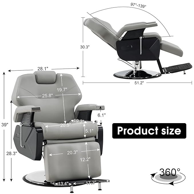 BarberPub Hydraulic Recline Barber Chair All Purpose Salon Beauty Spa Styling Equipment 9208 (Grey)