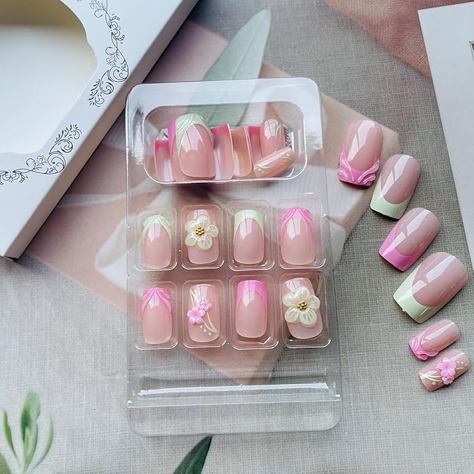 Pink French Tips Press on Nails Short Square Spring Fake Nails with 3D Flower Design Full Cover Glue on Nails Flowers Acrylic Nail Tips Kit Glossy Artificial Nails for Women Summer Nails Decor 24Pcs