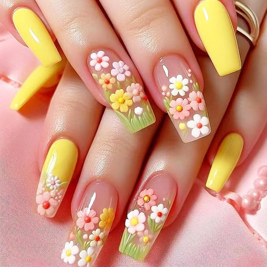 24Pcs Flower Press on Nails Wild Flower Acrylic Full Cover Fake Nails Yellow Gradient Stick on Nail Glossy French Tips Medium Coffin False Nail Summer Gel Glue on Fingernails for Holiday Manicure Art