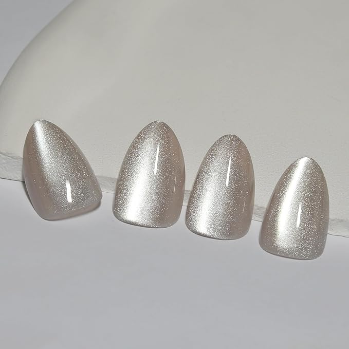 Nude Press On Nails Almond, Cat Eye Press On Nails Short Fake Nails with Color-Shifting Glow, Reusable Stick On Nails, 12 Sizes - 24 Nail Kit with Glue, Natural Glue On Nail for Women