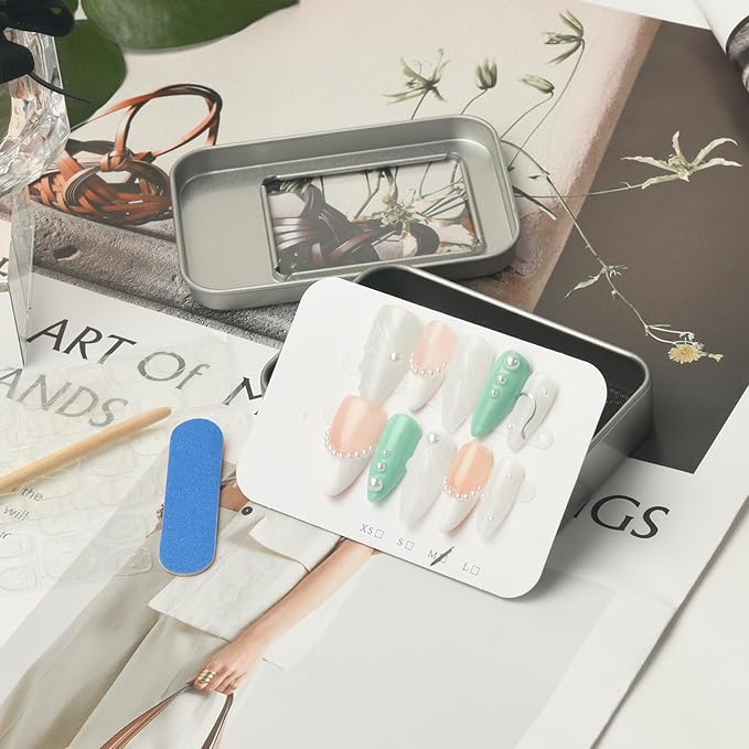 3D Pearl Press On Nails Medium Almond- Handmade Nude Base Mint Green with 3D Leaf Design -Gel Acrylic 10pcs Reusable (Forest Elves, Size M)