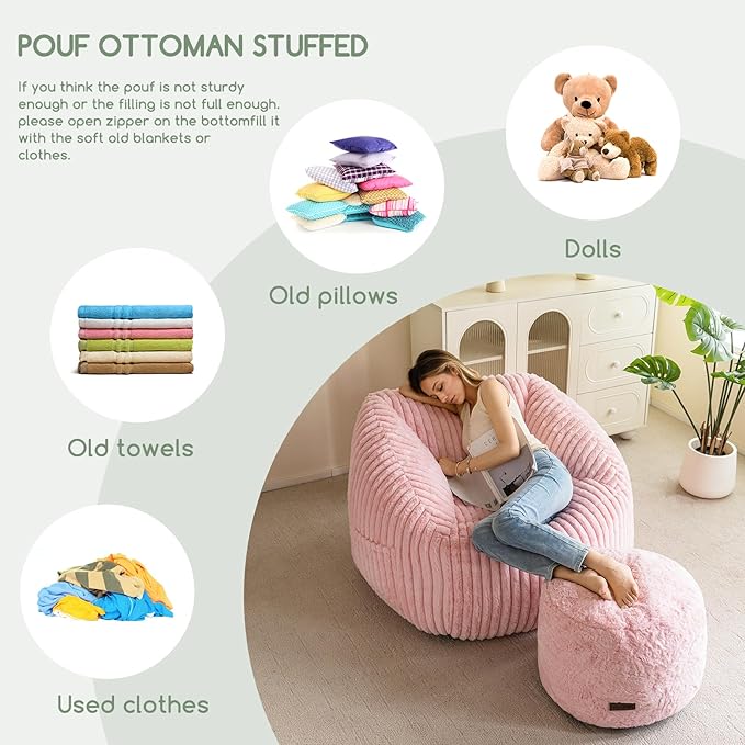 HIGOGOGO Pouf Stuffed Ottoman Round Modern Foam Filled Foot Rest Chair Decorative Poufs 20 x 15 Inches Fluffy Boho Comfy Stool for Living Room, Pink