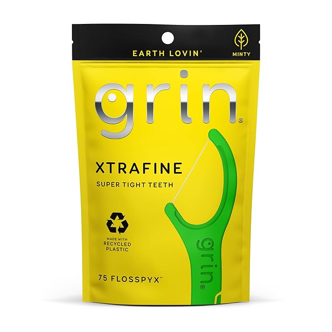 GRIN XtraFine Flosspyx, Floss Picks, 75 Count, Dental Flossers, Minty Flavor, Recycled Plastic, for Super Tight Teeth, Longer Floss Head, Slide Between Teeth, Includes Safe Soft Fold-Back Tooth Pick