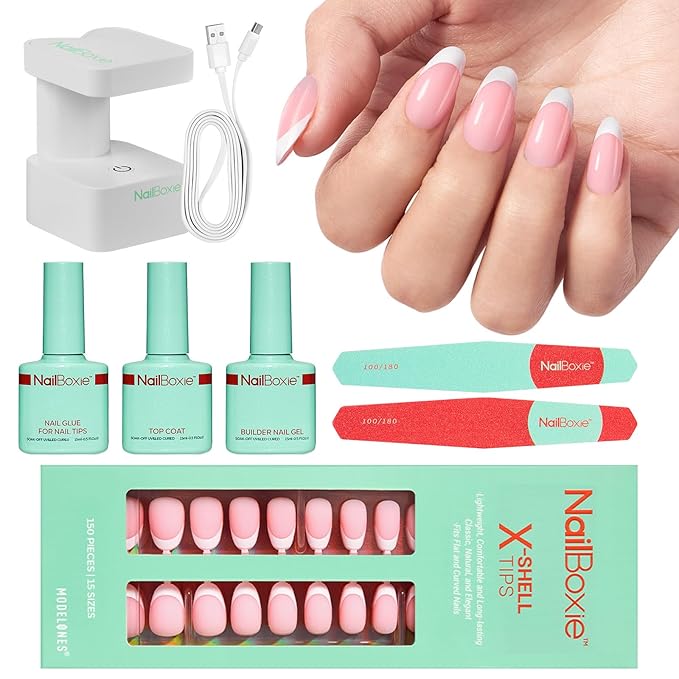 Modelones Gel Nail Kit, Press On Nails Kit with LED Light, 150 PCS Short Pink Almond, 15 Sizes French Tip Press on Nails, NailBoxie Pre-Colored Nail Tips for Easy DIY Nail Art