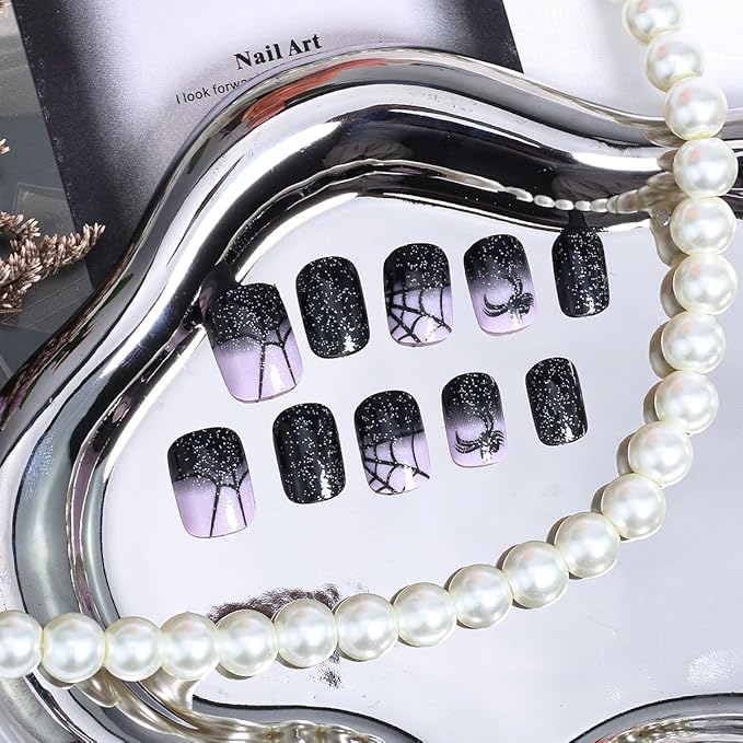 24Pcs Halloween Press on Nails Short Square Fake Nails Spider Press ons Glitter Black Gradient Acrylic Nails Halloween False Nails Spider Web Glue on Nails Spider Nails Holiday Goth Artificial Nails