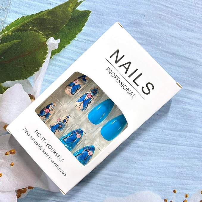 Blue Butterfly Press on Nails Almond Medium Floral Butterfies Pattern Blue Acrylic Fake Nail Full Cover Glossy Artificial Fingernails Spring Acrylic Nail Reusable 24Pcs Glue on Nails for Women