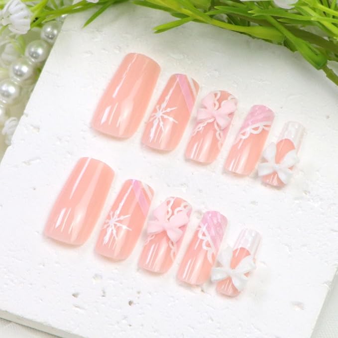 Winter Press on Nails Medium Square Fake Nails Pink White French Nails Press ons with 3D Bow Snowflakes Designs Xmas False Nails for Women 24Pcs