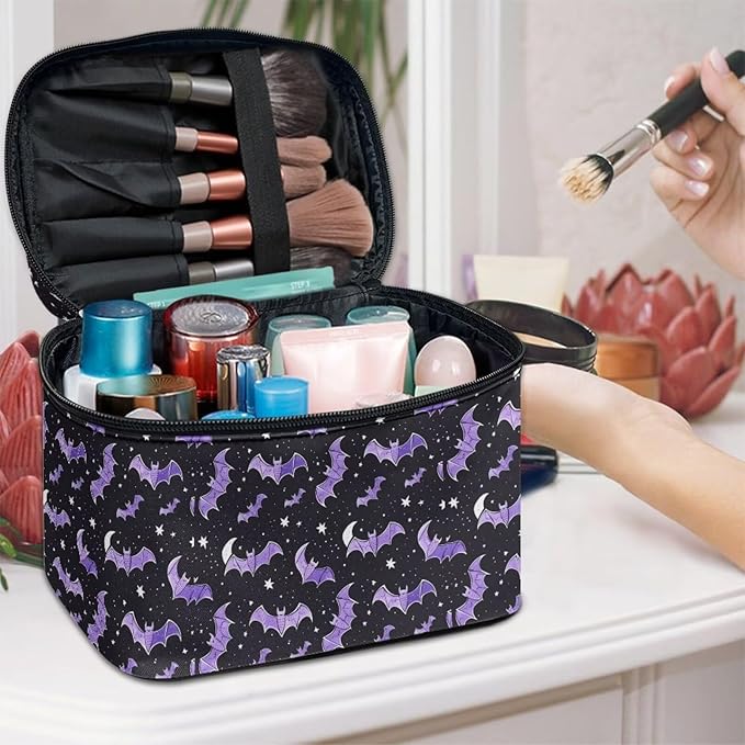 Bat Stars Pattern Travel Makeup Bags for Women Portable Tote Cosmetic Case with Carry Handle Toiletry Accessories Storage Organizer Bags for Halloween