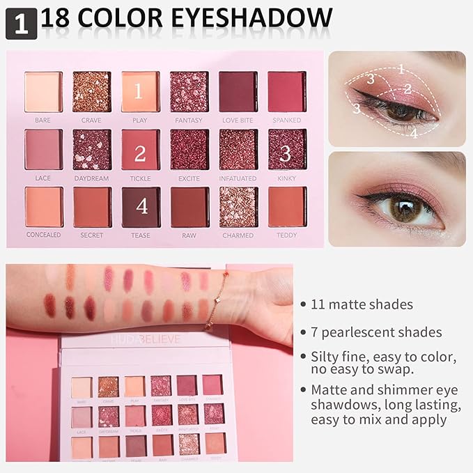 All In One Makeup Essential Starter Kit for Beginners or Pros, 18 Colors Naked Eyeshadow Palette Nude Face Primer, Brush, Sponge, Eyebrow Powder, Winged Eyeliner Stamp (SetA)